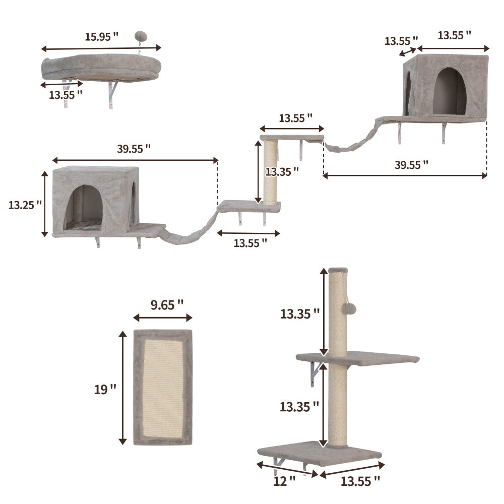 Wall-Mounted Cat Tree with Condos, Shelves & Scratching Post