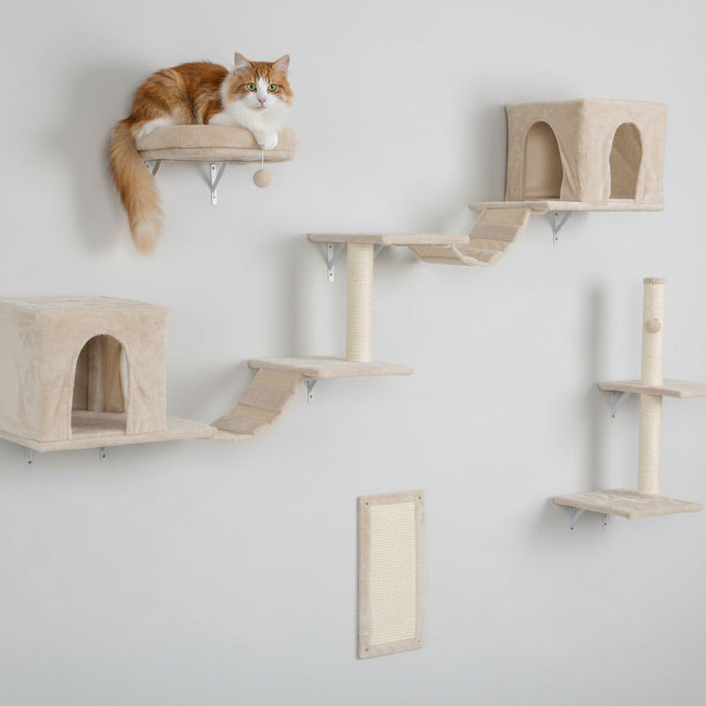 Wall-Mounted Cat Tree with Condos, Shelves & Scratching Post